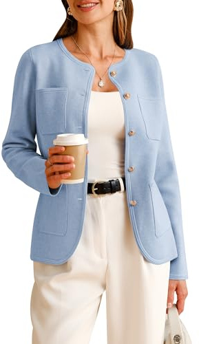 Arach&Cloz 2026 Fashion Sweater Blazers for Womens Long Sleeves Collarless Button Down Wool Cashmere Dressy Work Business Casual Clothes Spring Winter Trendy Cardigan Pockets Blue XXL
