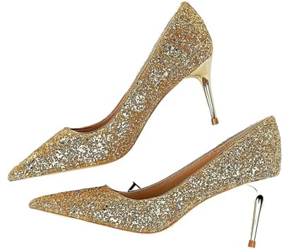 ZYAGH DéColleté Brillanti Scarpe con Tacco a Spillo da Donna, con Paillettes, da Sposa, di Lusso, in Oro e Argento, da 7 cm a 10 cm, Taglia 43 per Donna(Gold 7cm,37)