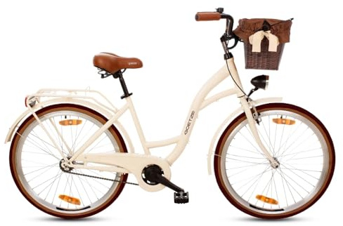 Goetze Style 26 Zoll Damen Citybike, 17 Zoll Tiefeinsteiger Rahmen, 1-Gang Rücktrittbremse, V-Bremse vorne, LED-Beleuchtung, Gepäckträger, Rattankorb, Komfortsattel, mit Ständer & Klingel