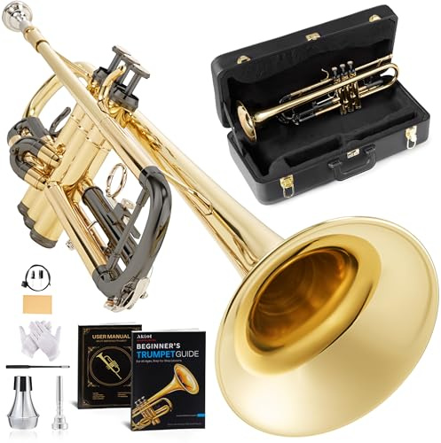 AKLOT Hand-Hammered Bell Bb Trumpet: Smooth Valve Action, Clear-Lacquered Brass Body, Standard Trumpet Beginner Set with Leather Case, Lesson Book, Trumpet Mute, Mouthpiece, Cleaning Kit (SNR-BrzBG)