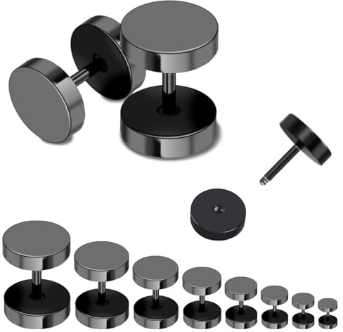 TILONKJ Fake Gauge Earrings, 8 Pairs Black 3-10mm for Men | Faux tunnel plugs, hypoallergenic, flat back screw, nickel-free, comfortable, for work, parties, daily wear