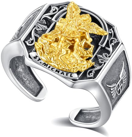 AEONSLOVE Bague Saint Michel Reglable Argent 925 pour Homme Femme Bague St Michel Archange Or Ouverte Bagues de Pouce Ajustable Bijoux Religieuse Chretienne Catholique