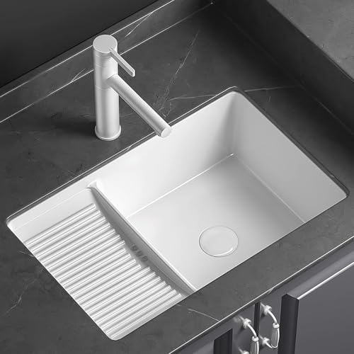 WXXZCE Lavabo Bajo de Cerámica Encimera con Tabla de Lavar, Pila Lavadero Baño, Lavadero Pila Exterior, con Grifo Extraíble, Juego Completo Accesorios, para Baños, Balcones(61x40cm/24x15.7in)