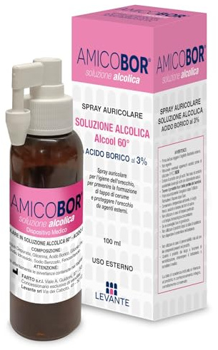 Amicobor Alcolico Spray Orecchie Pulizia 100ml Soluzione Alcolica 60° Spray Auricolare per Pulizia Orecchie con Acido Borico 3% e Glicerina Sciogli Cerume per la Corretta Igiene del Condotto Uditivo