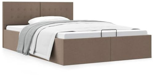 Bucmath Hydraulisk förvaringssäng, brungrått tyg, 140 x 200 cm, modern klädsäng med gasfjäder, sovrumsmöbler för madrasser, robust MDF-ram, mångsidig