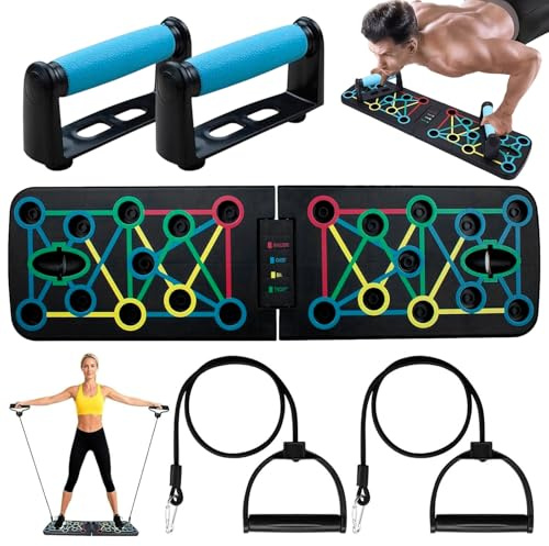 Tabla de Flexiones, portátil, Tabla de Flexiones Multifuncional, 2 Cuerdas de Tracción, Flexiones Plegable con Skid-Resistant Mango,Multifuncional para Interior, Gimnasio, Ejercicio al aire libre
