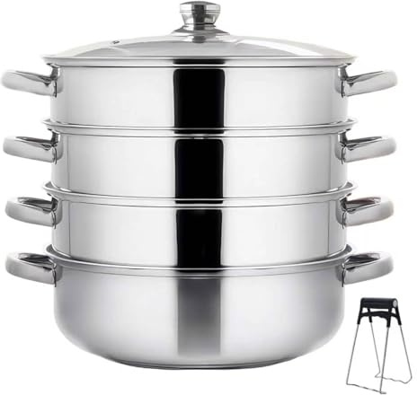 Vaporera para cocinar al vapor, 28 cm, acero inoxidable, con 4 insertos de vapor, tapa de cristal y pinza de vapor, para todo tipo de fuegos, olla de vapor para cocinar verduras, mariscos, sopas
