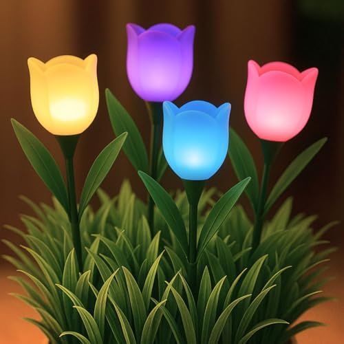 BEPER P207ILO105 Set 4 Lampade Solari TULIPANO, Luci Solari da Giardino a Forma di Fiore con Picchetto, Accensione Automatica, LED da Esterno IP44 per Vialetti, Aiuole e Balconi
