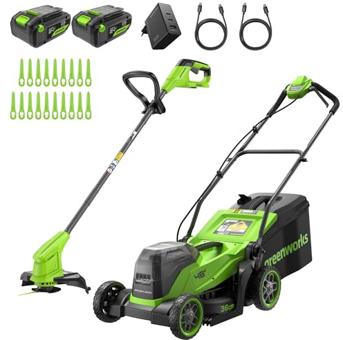 Greenworks 48V (24V x 2) Tagliaerba a batteria,larghezza di taglio 36 cm, fino a 400 m², e Tagliabordi senza fili con testa di alimentazione automatica, con 1 batteria 4Ah e caricabatteria