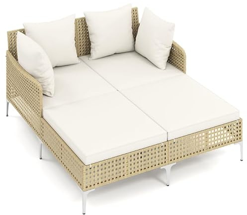 LIFEZEAL Lettino 2 Posti Prendisole in Rattan, Lettino da Giardino con Cuscini, Struttura in Metallo, Piedini Regolabili, Divano da Esterno Portata 360 kg per Terrazza, Balcone, Piscina