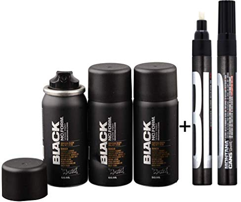 Montana 3 x 50 ml Black Sprühdosen Set schwarz matt, Pocket Cans + 3mm Bold Marker schwarz