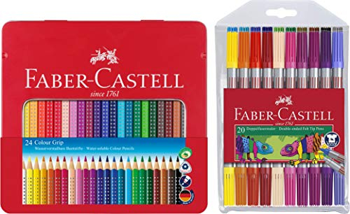 Faber-Castell - Farbstift Colour Grip (24er Metalletui) stabiles, langlebiges Etui für unterwegs + 20 Doppelfasermaler