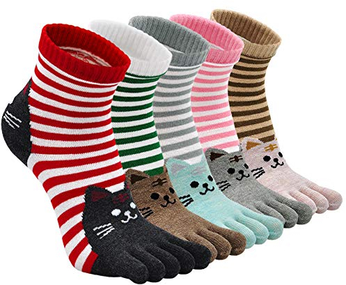 ZFSOCK Zehensocken Damen Baumwolle Bunt Sport Five Finger Socken Zehen Einzeln Lustig Gestreift Laufen Socken 36-41, 5 Paare(4/7 Jahre)