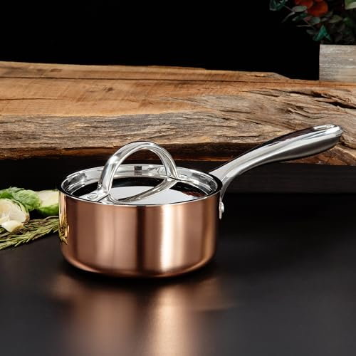BergHOFF Vintage Tri-Ply Copper 5.5in Saucepan 1qt. With Matching Lid, Polished, Long Ergonomic Shaped Handle, 3-layer Base, Gold