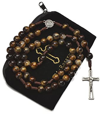 SALOMOCA 10mm Brown Beads Catholic Rosary Handmade Braided Rosaries with Curcifix Cross and Holy Mary Medal Amulet Rosary Beads Necklace for Women Men