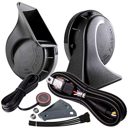 FARBIN Auto Horns Kit mit Knopf 12V LKW Horn Laute Zug Horn für Auto Elektrische Luft Horns (12V, Schneckenhorn mit Geschirr und Knopf)