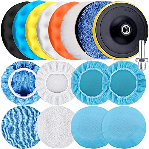 SIQUK 17 Pieces Polishing Pads Kit 125mm Car Polishing Foam Pads Polishing Bonnets Wax Buffer Polisher Attachment for Drill