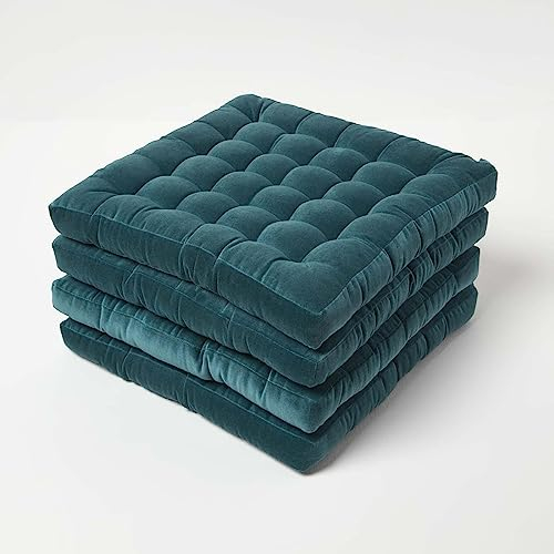 HOMESCAPES Set of 4 Teal Green Velvet Seat Pads for Dining Chair 40 x 40 cm Super Soft 100% Cotton Quilted Velvet Chair Pads with Straps Indoor & Outdoor Garden Use for Lasting Comfort & Support
