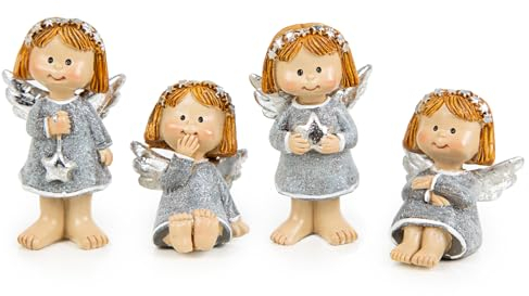 Logbuch-Verlag 4 kleine Weihnachtsengel Engel Figuren Silber mit Glitzer Weihnachten Geschenk Schutzengel 4-6 cm Deko Weihnachten