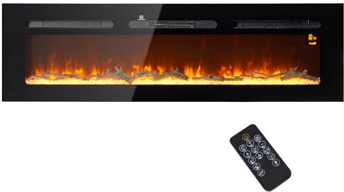 HOMCOM Camino Elettrico da Incasso 1800W con Telecomando, Fiamma e Illuminazione Regolabile, Caminetto Elettrico da Parete con Timer e Termostato in Acciaio e Vetro Temperato, 152.4x15.8x45 cm, Nero