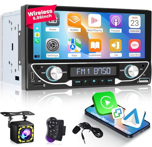 Autoradio 2 Din con Wireless Carplay e Android Auto - Autoradio Touchscreen HD da 6,86 Pollici con EQ, Mirror Link, Radio FM, Bluetooth, Porta AUX/TF/USB/Type-C, SWC + Telecamera di Backup