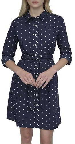 DKNY Women's Long Sleeve Collared Tie Fit & Flare Mini Dress, Navy/Ivory, 6