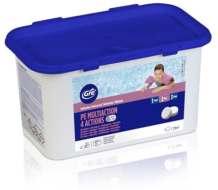 GRE 76007NB -Tabletas de Cloro Multifunción 4 Acciones: Desinfección, Antialgas, Floculante y Estabilizador. Tratamiento y Limpieza Integral de Piscinas. Tabletas 250 gr, 1 kg
