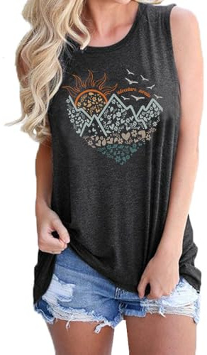 SurBepo Womens Tank Tops Loose Fit Summer T Shirts Sleeveless Graphic Tees Tunic Blouses (Hiking Dark Grey,XL)
