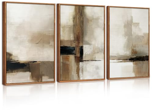 BINCUE 3 Teilig Abstrakt Beige Wandkunst, mit Rahmen, Braun Beige Wanddeko,Minimalistische Schwarze Leinwand Wandbilder,Moderne Pinselstriche Linienkunstdrucke für Wohnzimmer Schlafzimmer Büro,30x40cm
