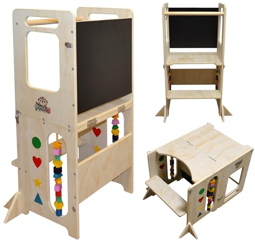 Torre de Aprendizaje Montessori 4 en 1 Pitifis | Torre de Aprendizaje para Niños con Pizarra y Escritorio | Taburete Cocina Infantil de Madera | Diseño Estable y Seguro | 90 x 31 x 45 cm