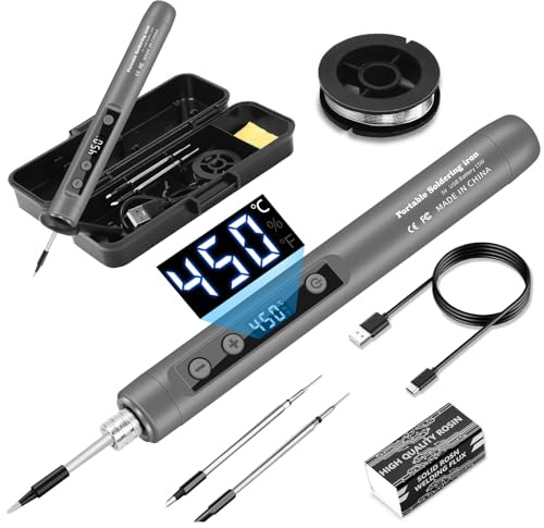 diymore USB-C Cordless Soldering Iron Kit with LCD Display Adjustable Temperature 180℃-450℃ Rechargeable Portable Soldering Pen for Electronics Repair, DIY Projects,Jewelry Making - Grey
