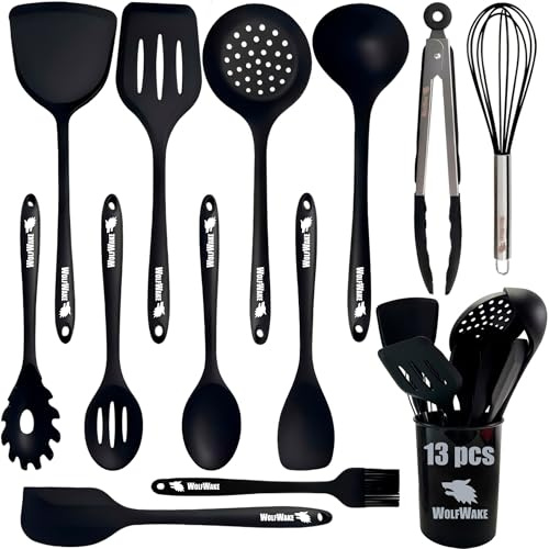 WOLFWAKE 13 Piezas Utensilios de Cocina de Silicona - Menaje de Cocina, con Paletas de Cocina, Cucharones de Cocina, Pinzas de Cocina, Bote Utensilios Cocina, Resistentes al Calor y Antiadherente.