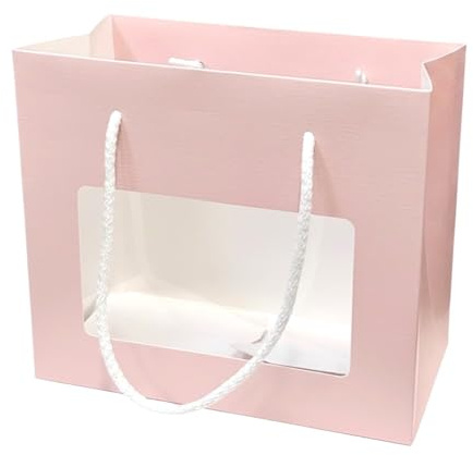 Generico 10 Buste Shopper da bomboniera con Finestra Trasparente 19.5x9.5x17 cm con cordini Porta Regalo Gadget bustine per bomboniere Vari Modelli E Colori (Fibra Rosa)