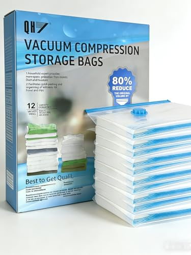 QH7 Bolsas de vacío para ropa, 12 bolsas de compresión de viaje, bolsa de almacenamiento transparente con válvula azul, 40 x 30 cm
