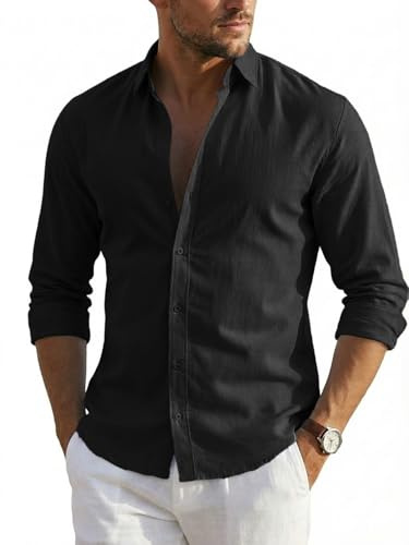 Runcati Camisa de hombre de manga larga para verano, camisa de lino para hombre, corte regular, camisa de ocio, monocolor, playa, negocios, informal, con botones