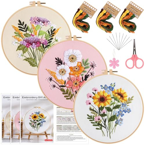 Herdiese Embroidery Kit for Beginners & Adults, 3PCS Floral Patterns.