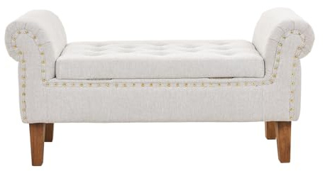 Warmiehomy Ottoman Storage Bench with Flip Top, Linen Upholstered End of Bed Storage Bench Ottoman with Wood Legs, Sofa Bench for Living Room Bedroom(111×42×53, Beige)