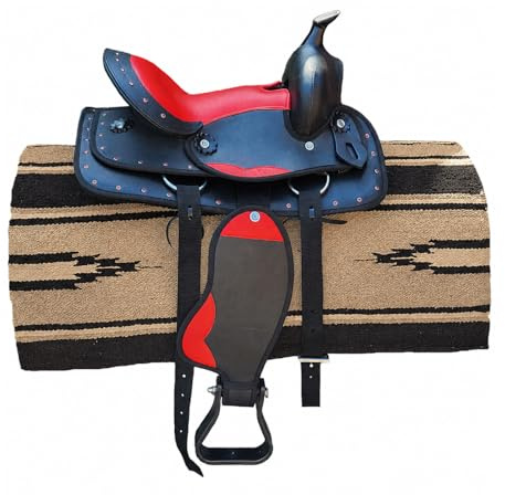 Brama West Selle western pour enfant « Little Cowboy » avec couverture - Selle pour enfant avec strass et étrier - Idéal pour cheval en bois Pony Shetty - Noir/rouge (25,4 cm - Environ 3-6 ans)