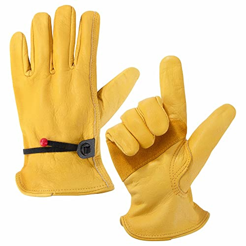Jesustree Guantes de Trabajo de Cuero, Guantes de Jardinería de Seguridad Protección con Correa en la Muñeca para Construcción, Patio, Reparación de Automóviles, Hombres y Mujeres, Amarillo 1 par, M