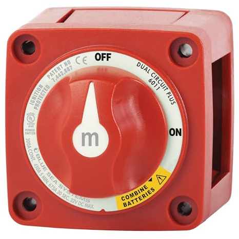 Blue Sea Systems 6011 m-Series Batteribrytare Dual Circuit Plus, Röd | 300 A kontinuerlig; byter två isolerade banker eller kombinerar dem; 32 V DC; före paus