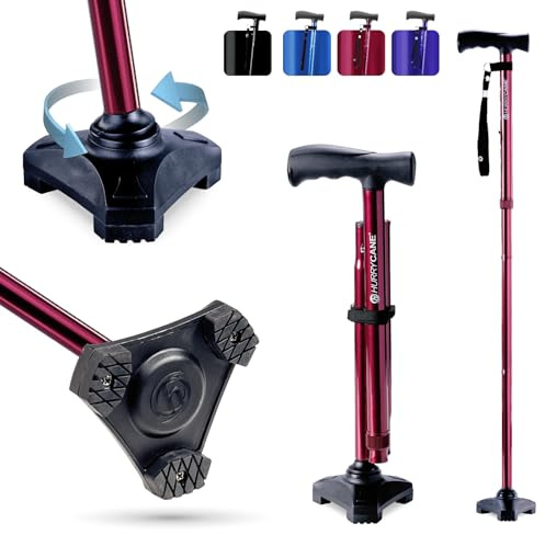 HurryCane Freedom Edition Foldable Walking Cane with T Handle - Enhanced Mobility Support - Patented SteadiGrip Base - Adjustable Height - Lightweight Foldable Design - Red