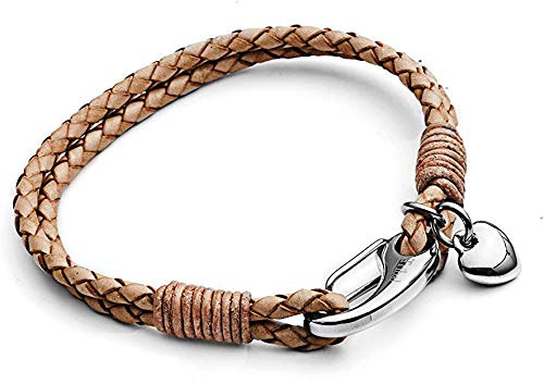 Natural Leather Heart Charm Bracelet, 2-Strand Leather Bracelet for Women, 19.5cm, by Tribal Steel