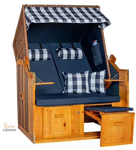 LILIMO Strandkorb Ostsee | 2-Sitzer Volllieger in Blau | Geflecht: Natur | Gartenliege ideal für den Garten Terrasse Balkon oder Wintergarten
