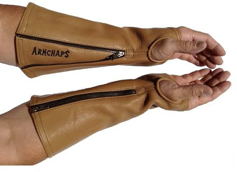 Arm Chaps Leather Protective Sleeves Arm Guard - Prevent Cuts, Scratches & Bruises - Genuine Cowhide - Ideal for Gardening & Construction - Left & Right Form-Fitting. Brown (1 Pair/Small).