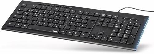 Hama Tastatur mit Leuchtstreifen „Anzano“ (deutsches QWERTZ Tastenlayout, flache Tasten, 8 Media-Tasten, 1,4 m Kabel, Ziffernblock, für Windows PCs) Computer-Tastatur, Keyboard schwarz