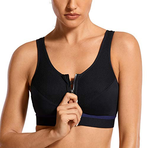 SYROKAN Women's Sports Bra Front Zip Wireless High Support Posture Comfort Workout Bra Black - New 32C