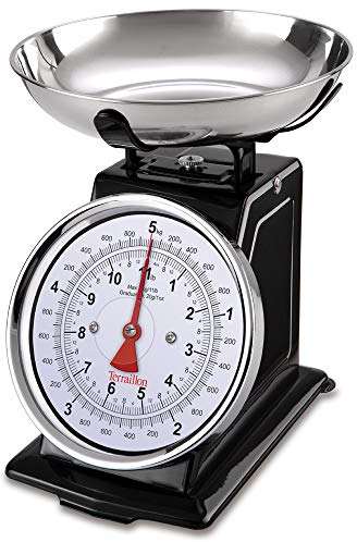 TERRAILLON - TRAD 500 - Balance de cuisine Vintge mécanique, Grand cadran, Grand bol 1L inclus, Tare manuelle, Capacité 5 Kg, Graduation 20 g, Finition Inox, Noir