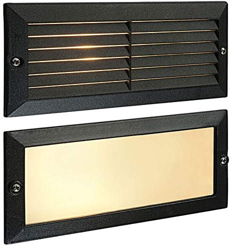 IP44 E27 Edison Full Brick Accent Light –Louvre Grill Supplied– Textured Black & Frosted Glass – Outdoor Wall Recessed Dimmable Lamp Fitting – 235mm x 100mm – Dimmable & LED Compatible