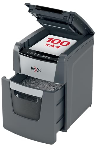 Rexel 202010M Optimum AutoFeed+ 100M Automatischer Aktenvernichter, 100 Blatt automatisch, Sicherheitsstufe P5, Mikroschnitt, für Zuhause / Home Office, 34 Liter Abfallbehälter, 2020100MEU