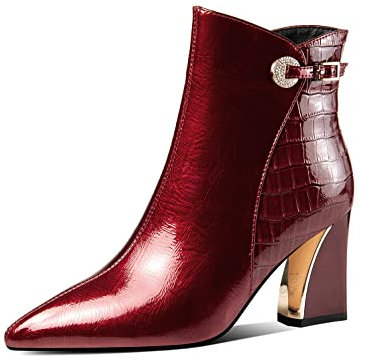 TinaCus Botines de charol brillante para mujer, hechos a mano, tacón grueso, punta puntiaguda, cremallera lateral, con exquisita decoración de hebilla, A burdeos, 35 EU
